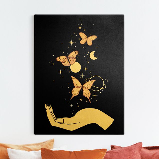 Złoty obraz na płótnie - Magiczna dłoń - motyle różowe