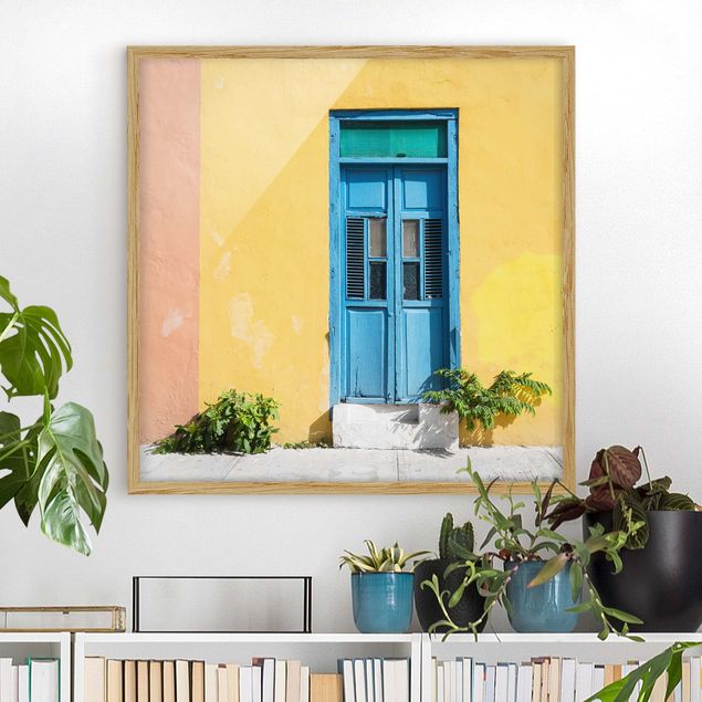 Obrazy w ramie artystyczny Kolorowa ściana Niebieskie drzwi