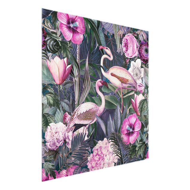 Obrazy na szkle zwierzęta Kolorowy kolaż - Różowe flamingi w dżungli