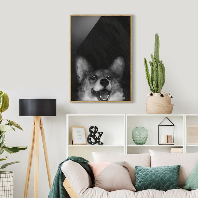 Obrazy w ramie do korytarzu Ilustracja pies Corgi malarstwo czarno-biały