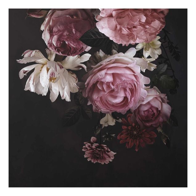 Obrazy do salonu nowoczesne Różowe kwiaty na czarnym tle Vintage