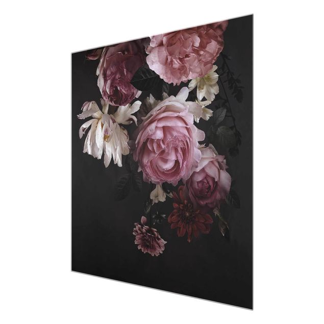 Nowoczesne obrazy Różowe kwiaty na czarnym tle Vintage