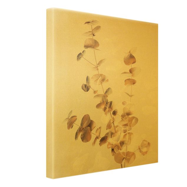 Obrazy drukowane na płótnie Złote gałązki eukaliptusa z białymi liśćmi