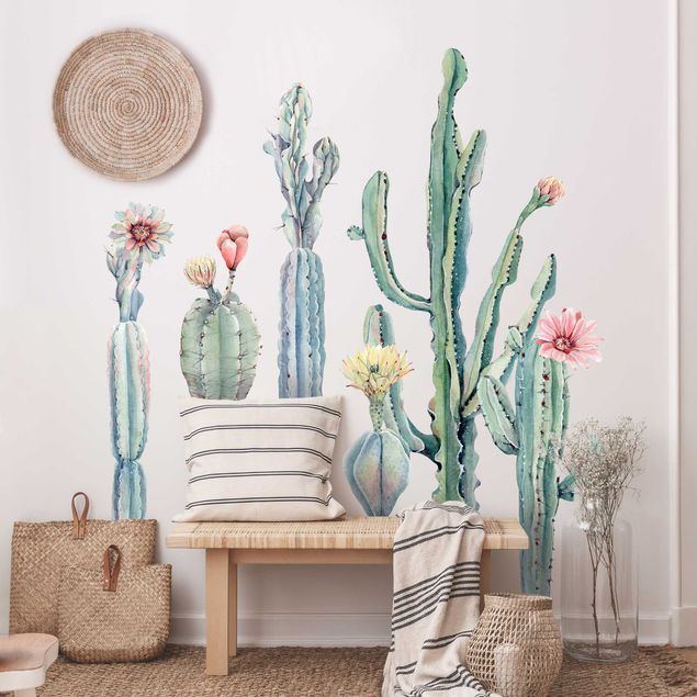 Naklejki na ścianę rośliny Akwarela Zestaw w kwiaty kaktusa XXL