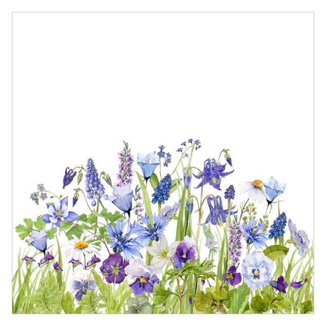 Fototapety Akwarelowa Łąka kwiatowa w kolorze niebieskim