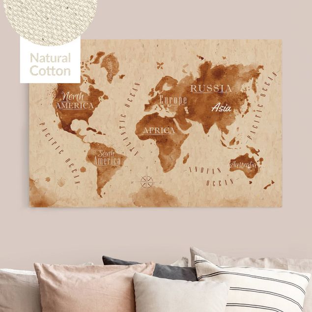 Nowoczesne obrazy do salonu Akwarela Mapa świata beżowy brązowy
