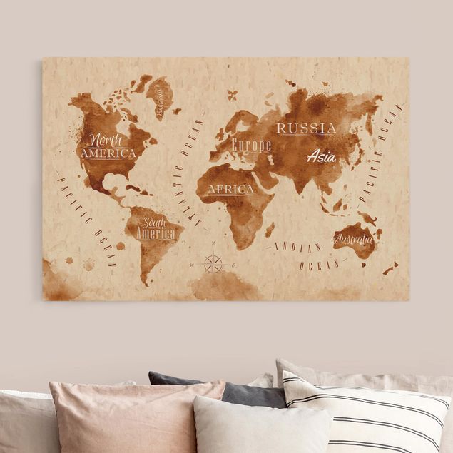 Obrazy nowoczesny Akwarela Mapa świata beżowy brązowy