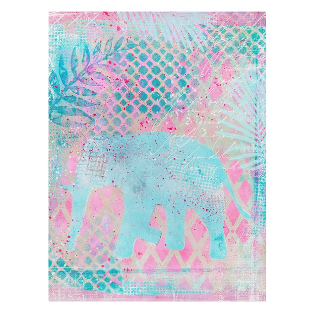 Obrazy ze zwierzętami Kolorowy kolaż - słoń w kolorze niebieskim i różowym