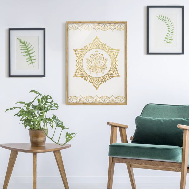 Obrazy w ramie do łazienki Mandala Lotus Ilustracja Ornament z białego złota