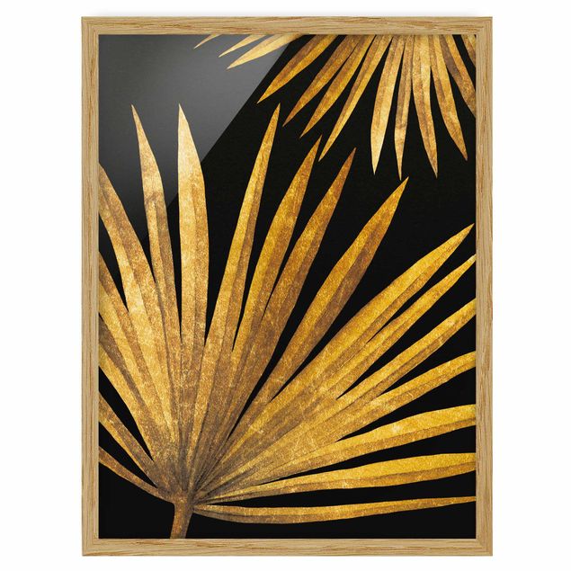 Obrazy w ramie do kuchni Złoto - liść palmy na czarnym tle
