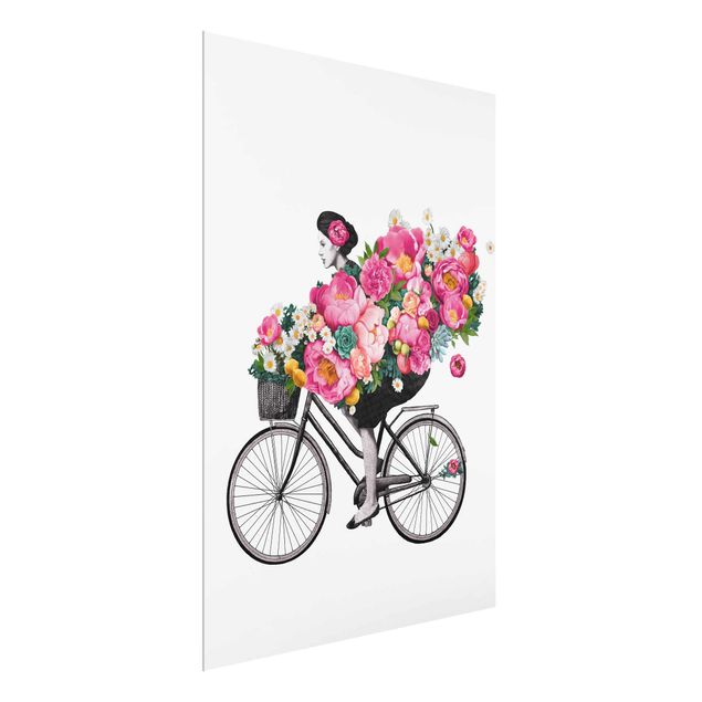 Nowoczesne obrazy do salonu Ilustracja Kobieta na rowerze Kolaż kolorowych kwiatów