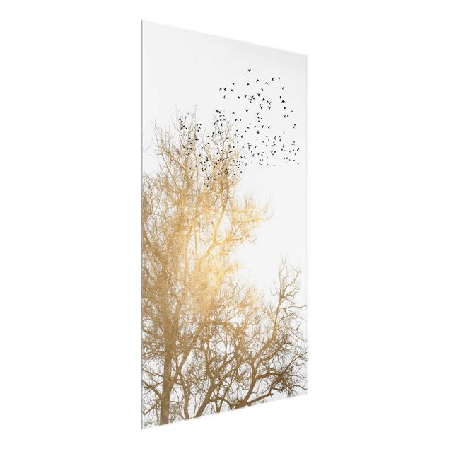 Obrazy na szkle zwierzęta Stado ptaków na tle złotego drzewa