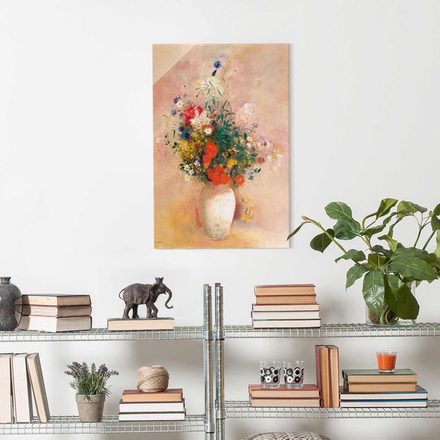 Obrazy na szkle róże Odilon Redon - Wazon z kwiatami (tło różane)
