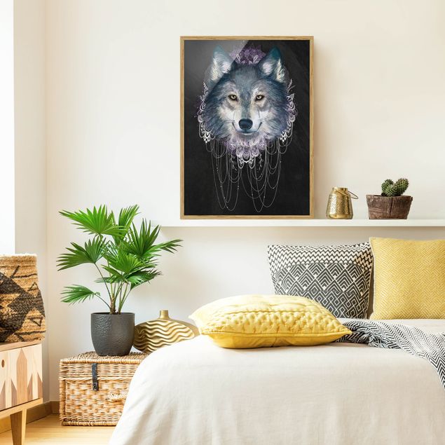 Obrazy w ramie do łazienki Ilustracja wilka z boho łowcą snów Czarna