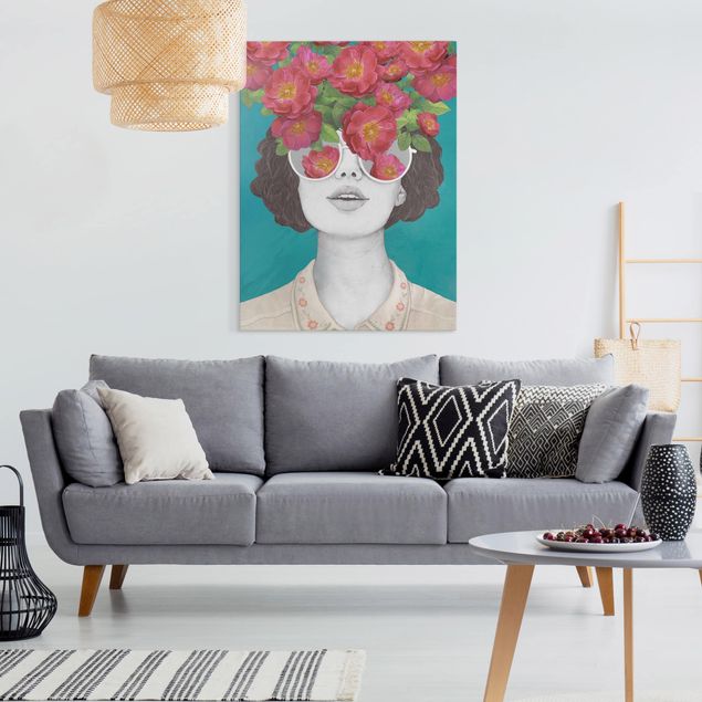 Obrazy na płótnie róże Ilustracja portret kobiety Kolaż z kwiatami Okulary