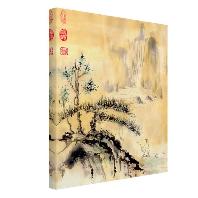 Drzewo obraz Japońska akwarela Rysowanie cedrów i gór