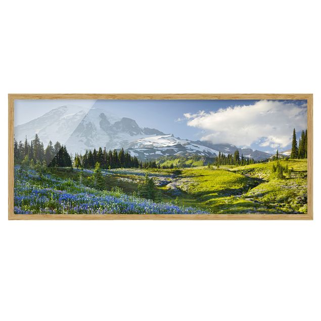 Obrazy w ramie do łazienki Mountain Meadow With Blue Flowers in Front of Mt. Rainier