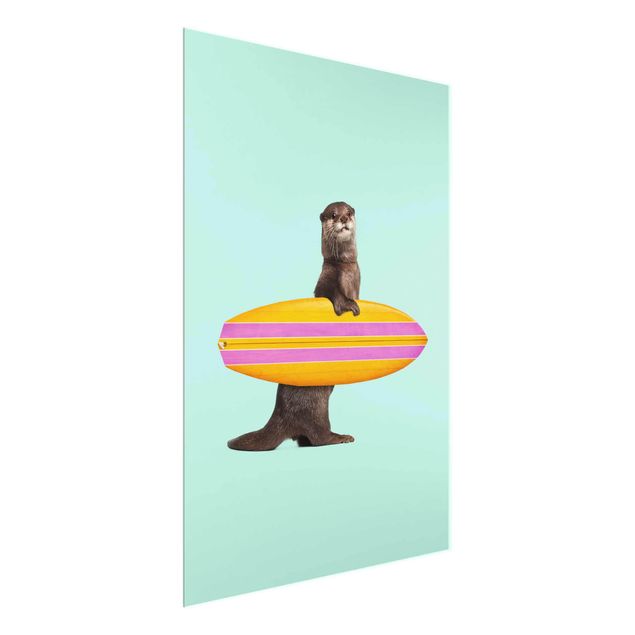 Obrazy na szkle portret Otter z deską surfingową