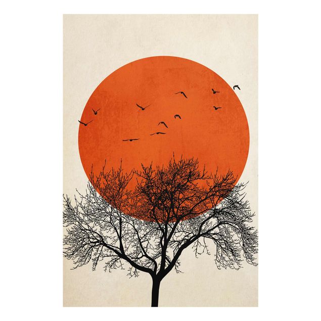 Obrazy na szkle zwierzęta Stado ptaków na tle czerwonego słońca II