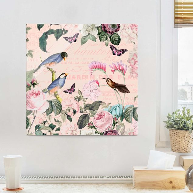 Obrazy na szkle róże Kolaż w stylu vintage - róże i ptaki