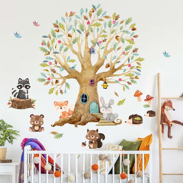 Naklejka na ścianę - Drzewa leśne Zwierzęta jesień