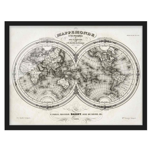 Obrazy w ramie do kuchni Mapa świata - francuska mapa półkul z 1848 r.