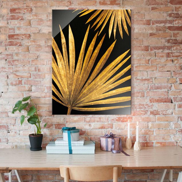 Dekoracja do kuchni Złoto - liść palmy na czarnym tle