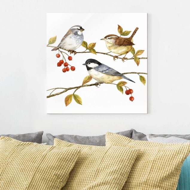 Obrazy na szkle kwadrat Ptaki i jagody - sikorki