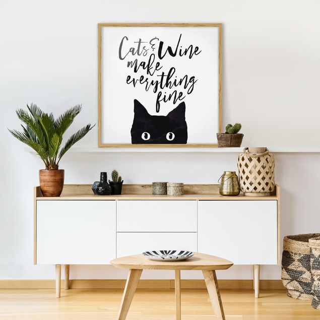 Obrazy w ramie do kuchni Koty i wino sprawiają, że wszystko jest w porządku