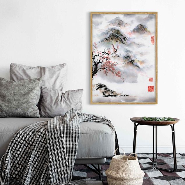 Obrazy w ramie do korytarzu Japońska akwarela Drzewo wiśniowe i góry
