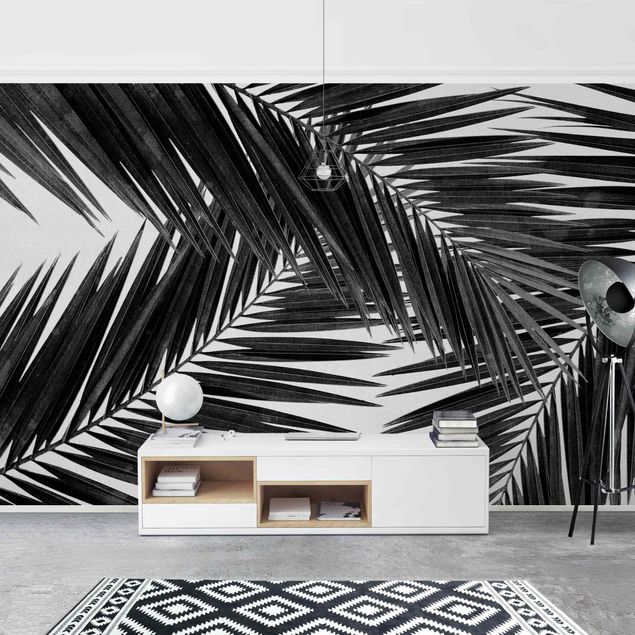 Dekoracja do kuchni Widok przez liście palmy czarno-biały