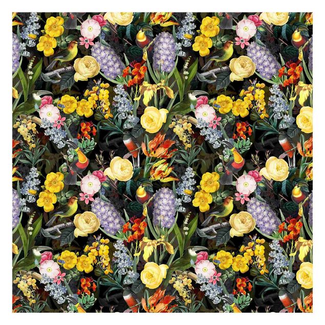 Tapeta - Kwiaty z ptakami tropikalnymi Kolorowe