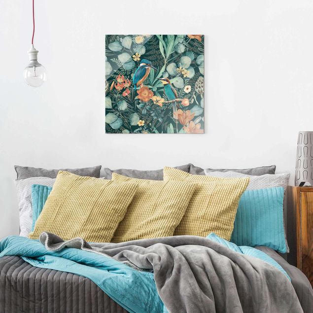 Obrazy na szkle kwadrat Kwiatowy raj Zimorodek i koliber