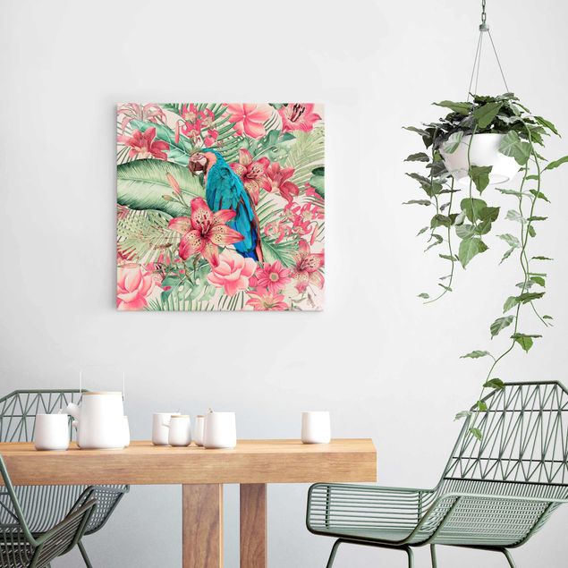 Obrazy na szkle kwadrat Kwiatowy Raj Papuga tropikalna