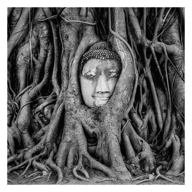 Fototapeta - Budda w Ayutthaya otoczony korzeniami drzew, czarno-biały