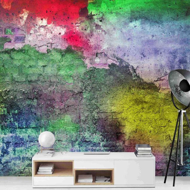 Fototapety 3d Kolorowy, pomalowany sprayem stary mur z cegły