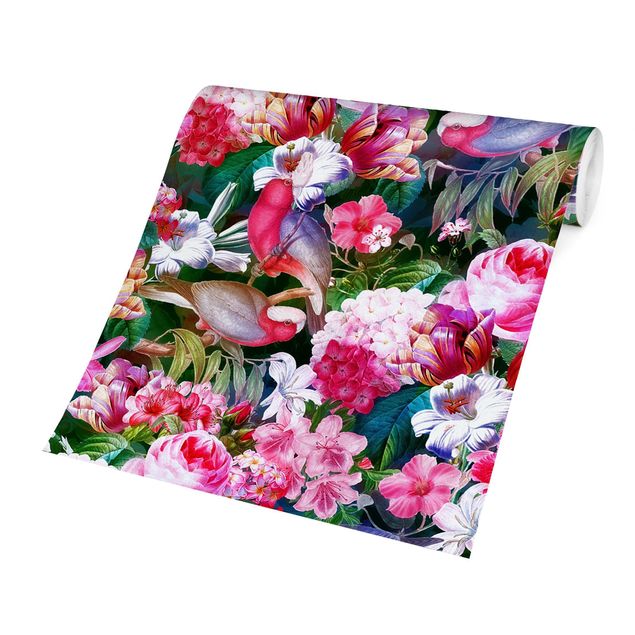 Uta Naumann obrazy Kolorowe kwiaty tropikalne z ptakami Różowy