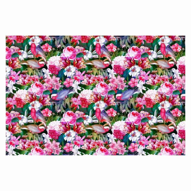 Tapeta ścienna Kolorowe kwiaty tropikalne z ptakami Różowy