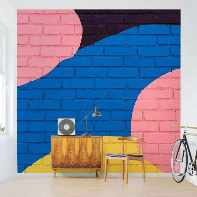 Tapeta niebieska Colourful Brick Wall In Blue And Pink