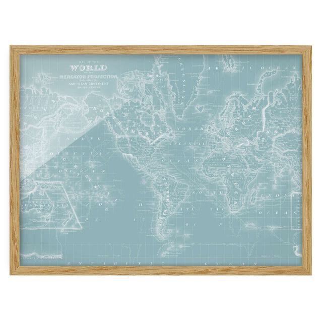 Obrazy w ramie do kuchni Mapa świata w kolorze lodowego błękitu