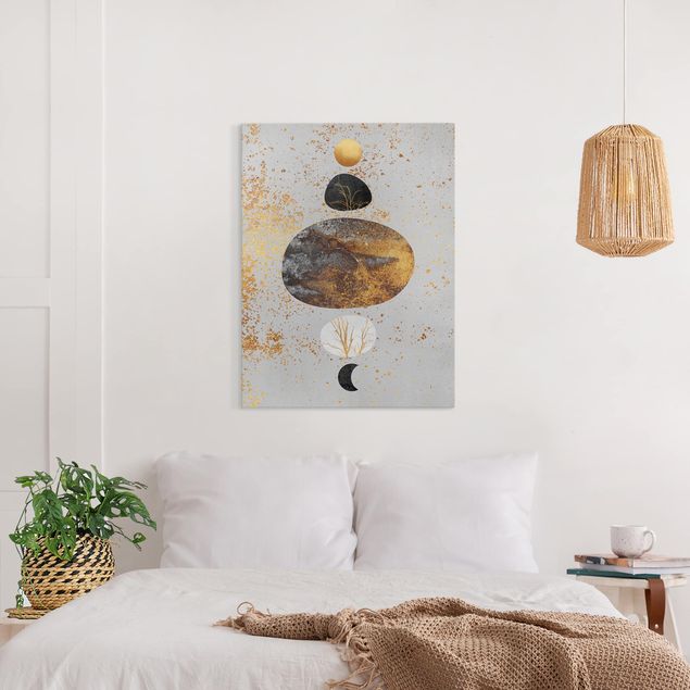 Obrazy do salonu nowoczesne Słońce i księżyc w złotym połysku