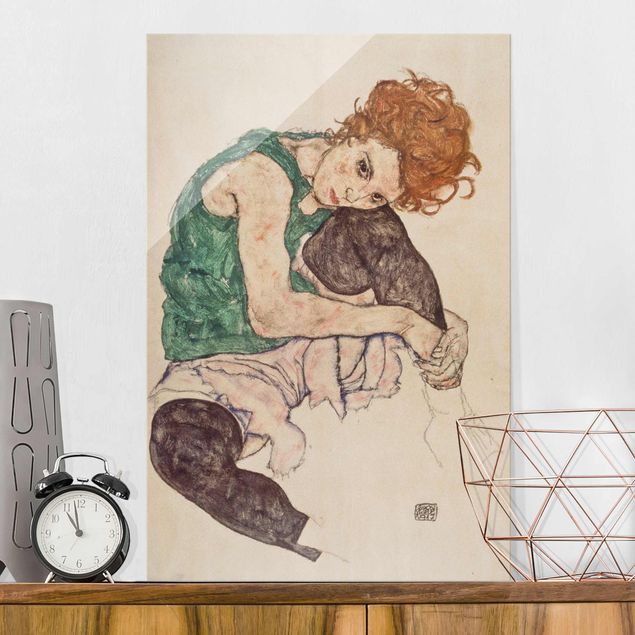 Zielony obraz Egon Schiele - Siedząca kobieta z podniesionym kolanem