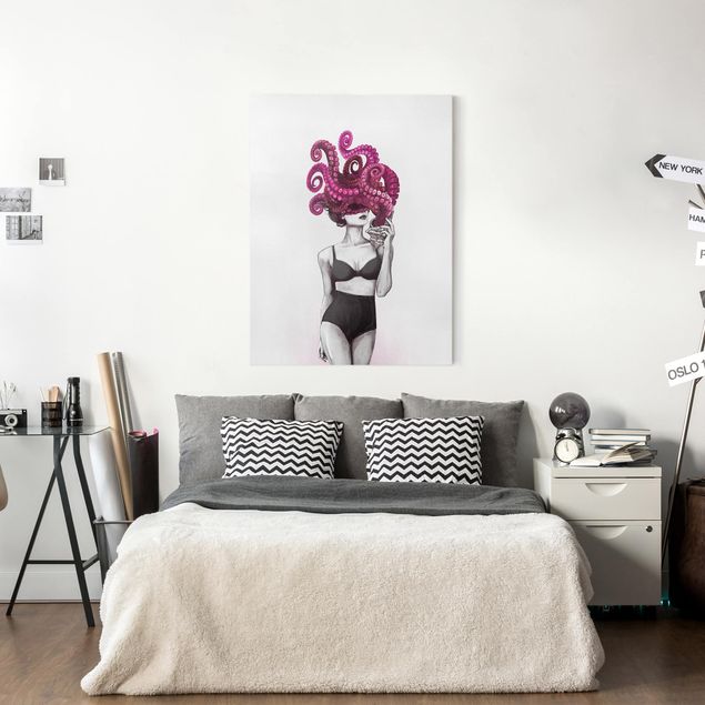 Obrazy do salonu Ilustracja kobiety w bieliźnie czarno-biały ośmiornica