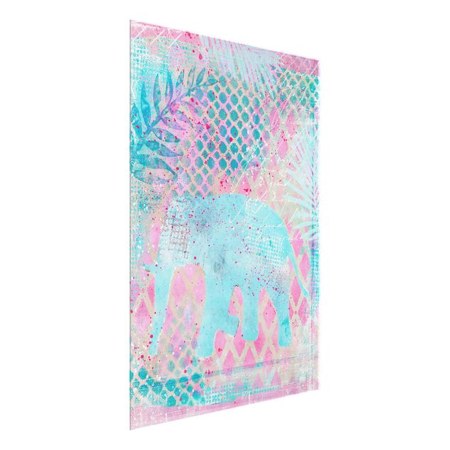 Obrazy na szkle zwierzęta Kolorowy kolaż - słoń w kolorze niebieskim i różowym