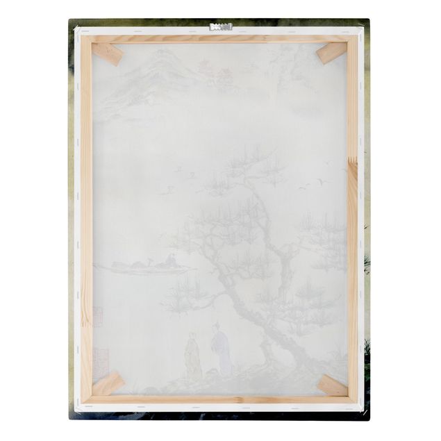 Obrazy retro Japońska akwarela Drzewo sosnowe i górska wioska