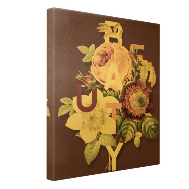 Złoty obraz na płótnie - Typografia kwiatowa - piękno