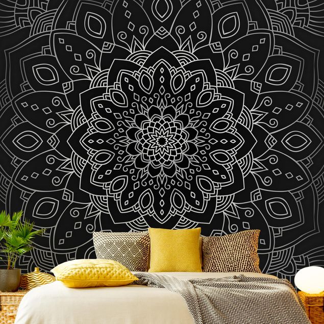 Tapety na ściany Mandala wzór w kwiaty srebrno-czarny