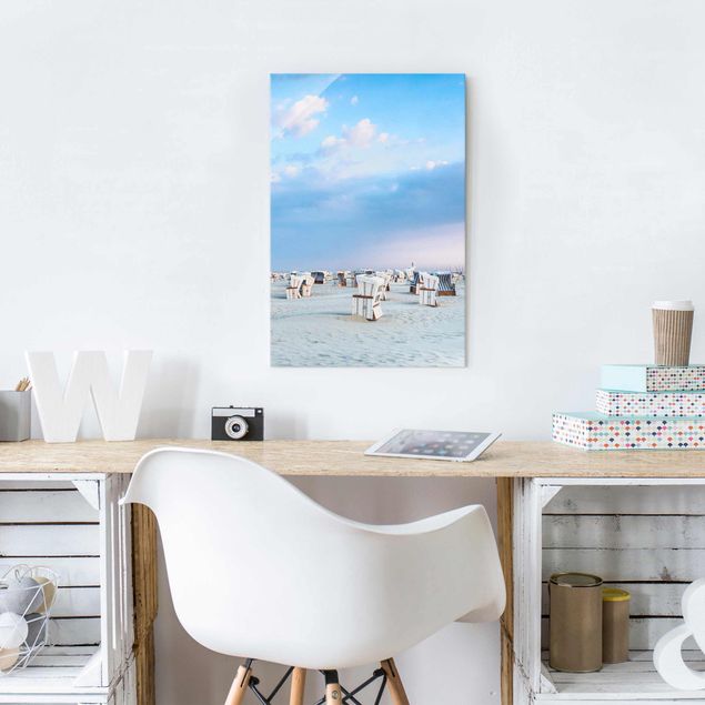 Obrazy na szkle portret Krzesła plażowe nad Morzem Północnym