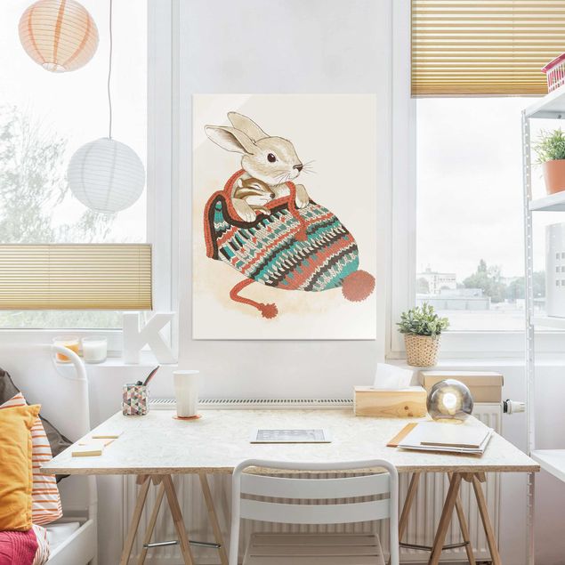 Obrazy na szkle artyści Ilustracja przedstawiająca króliczka w czapce