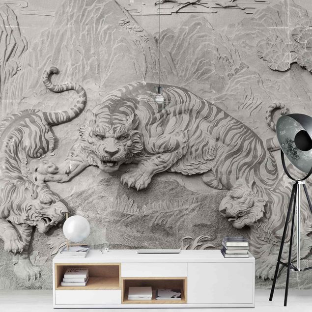 Fototapety 3d Tygrys w stylu chinoiserie w kamieniu